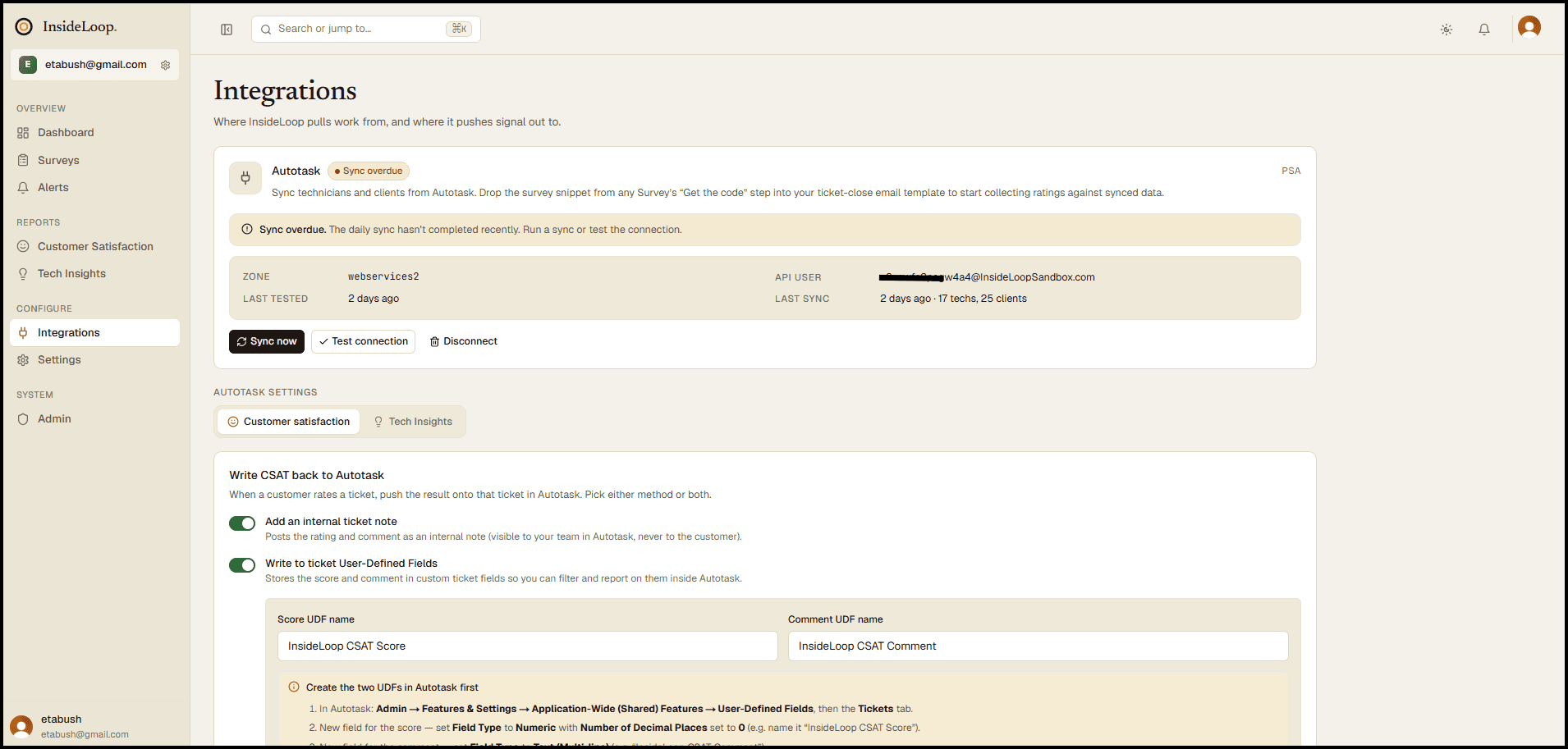 Autotask integration settings — sync status and CSAT writeback configuration