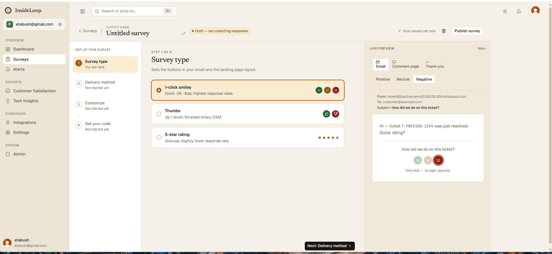 Survey builder — choosing the one-click smiley survey type