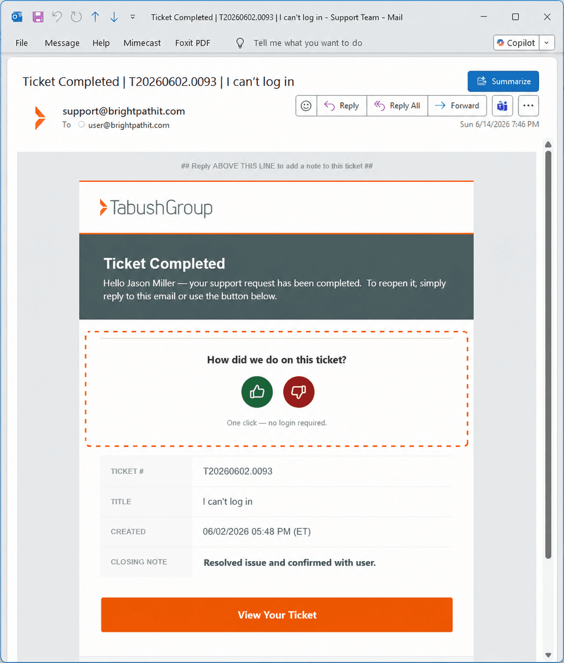 Ticket resolution email with the one-click rating survey embedded