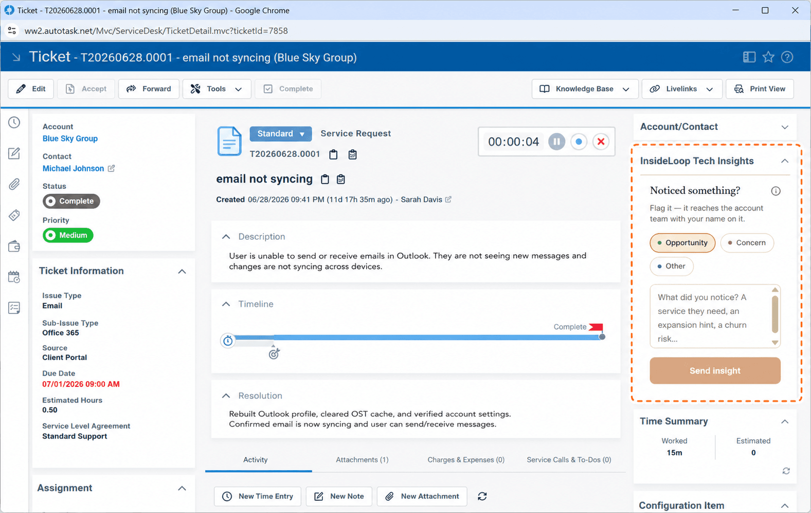 InsideLoop Tech Insights panel inside an Autotask ticket
